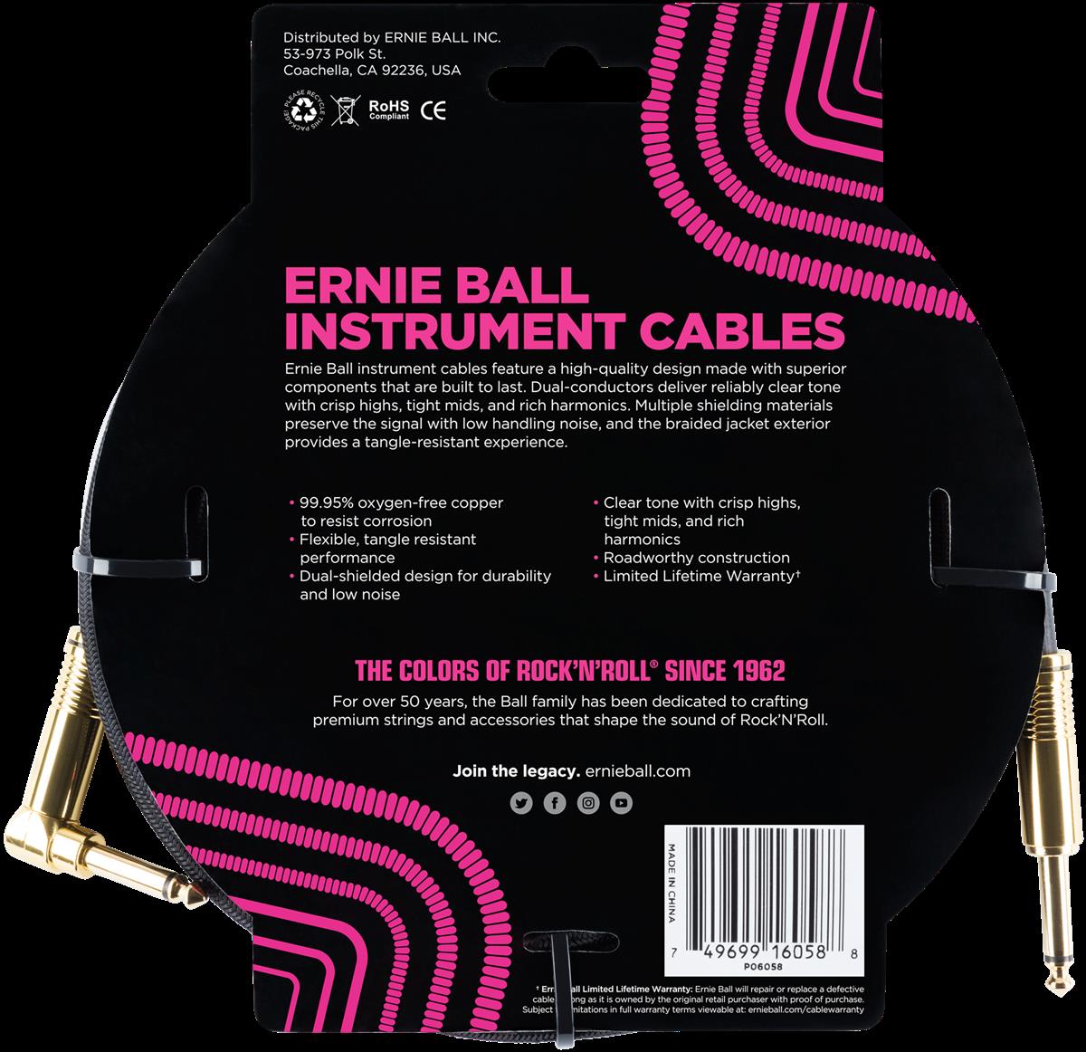 Ernie Ball 6058 Instrumentenkabel, Klinke 6,3mm gerade/gewinkelt, schwarz, 7,62m