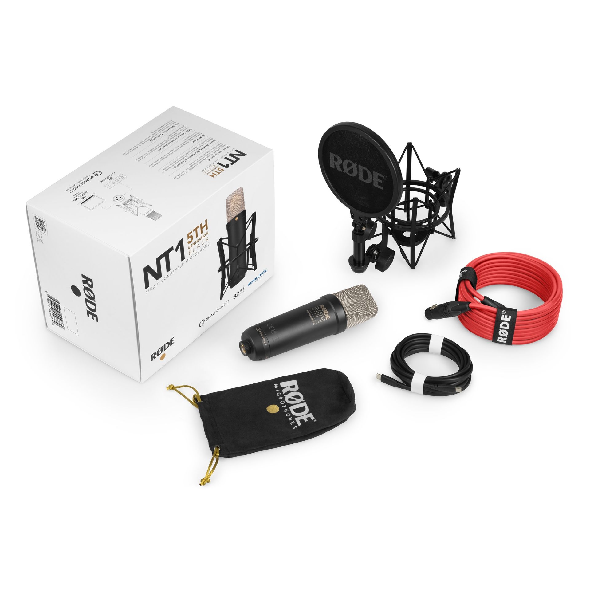 Rode NT1 5TH Generation Studio Kondensator Mikrofon USB/XLR, inkl. Spinne & Pop Filter, Schwarz