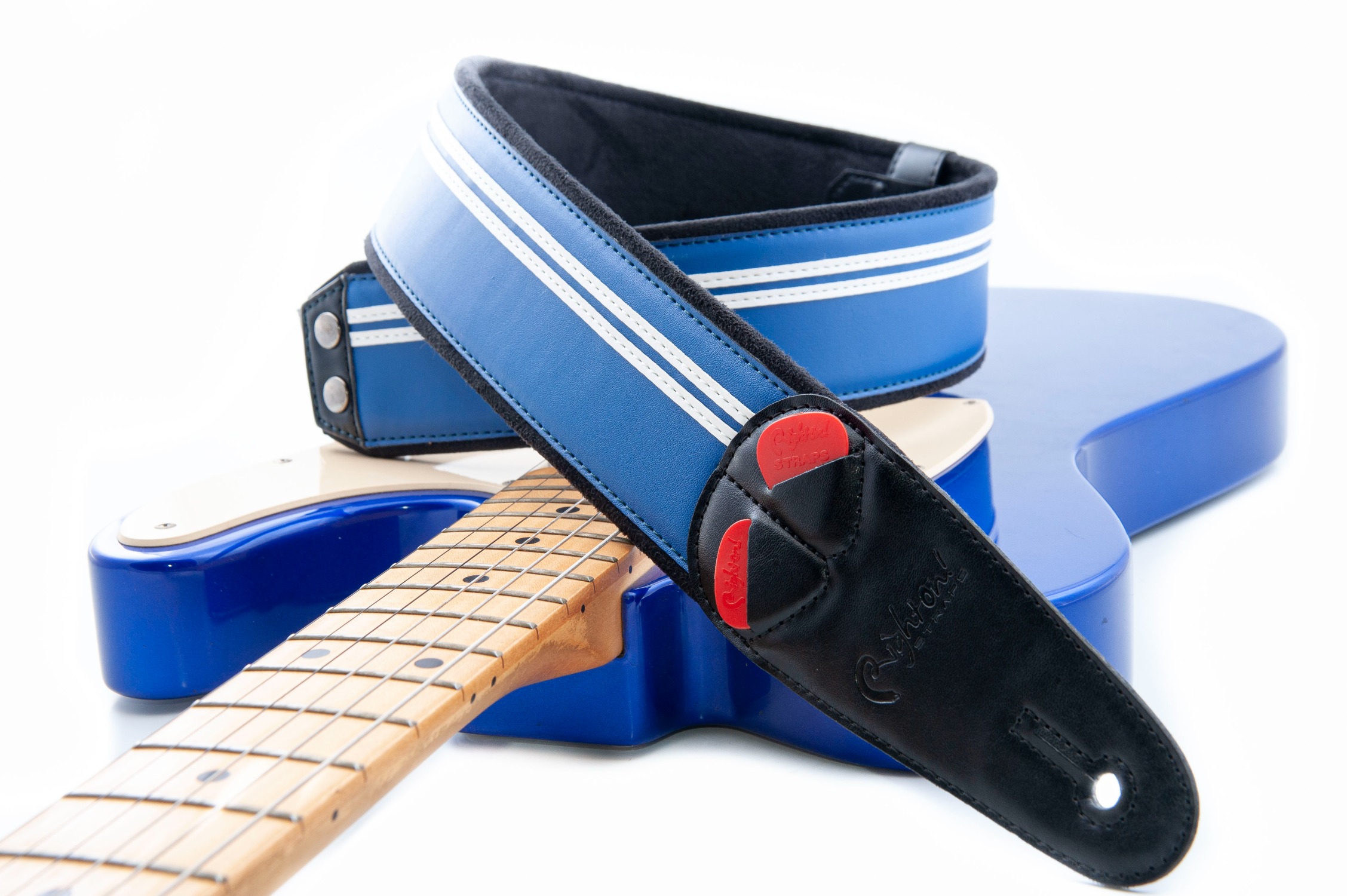 RightOn! Gitarrengurt Mojo Race in blau mit  weißen Streifen