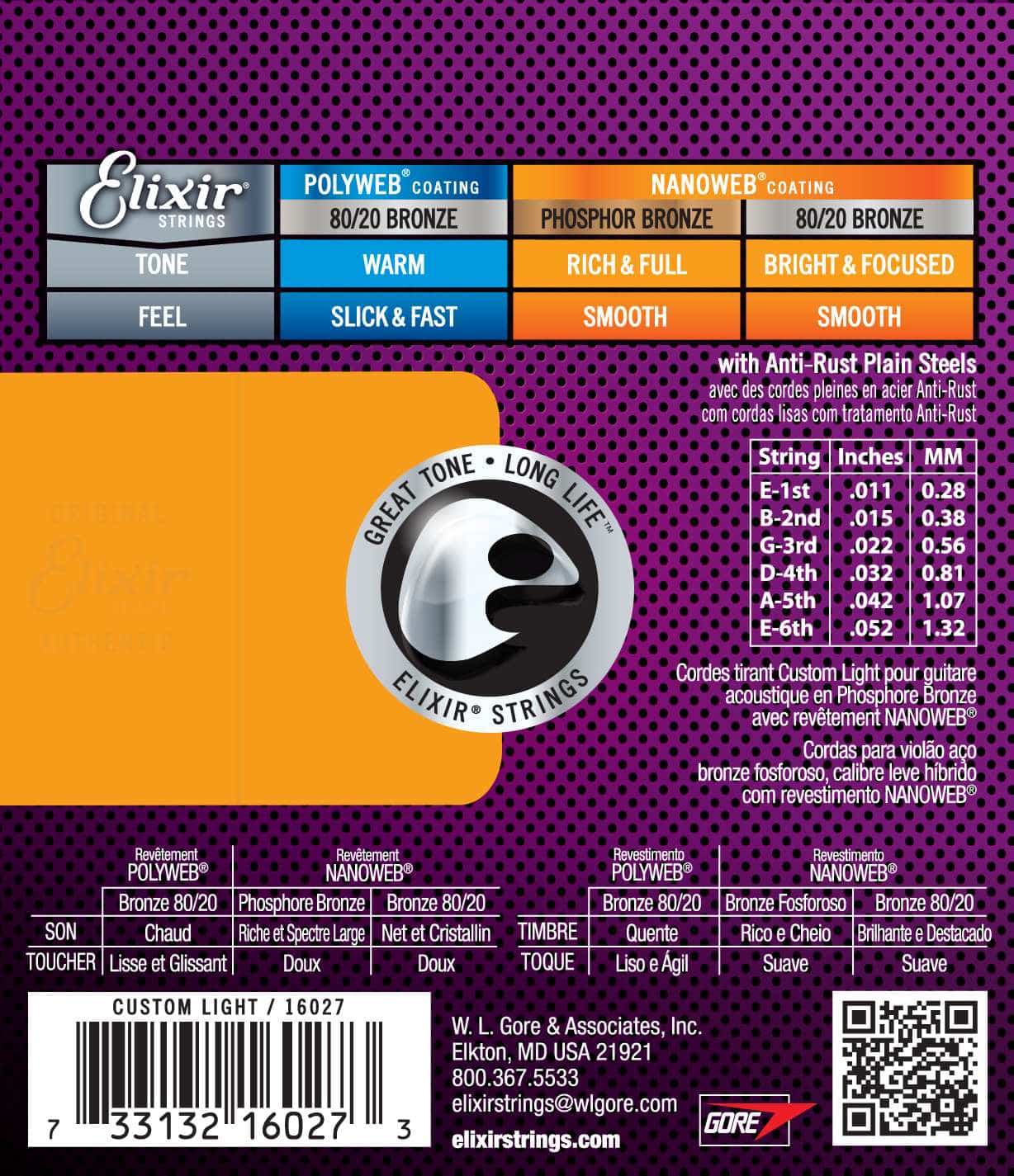 Elixir 16027 Custom Light 011-052 Nanoweb Phosphor Bronze