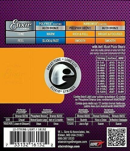 Elixir 16152 Nanoweb Light 010-047 12-String Phosphor Bronze
